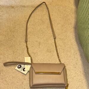 Madison West Beige Crossbody Bag with Gold Chain